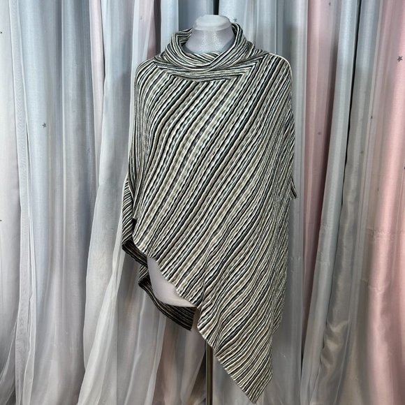Lightweight Black, Brown & White Striped Pullover Knit Poncho - Picture 3 of 7
